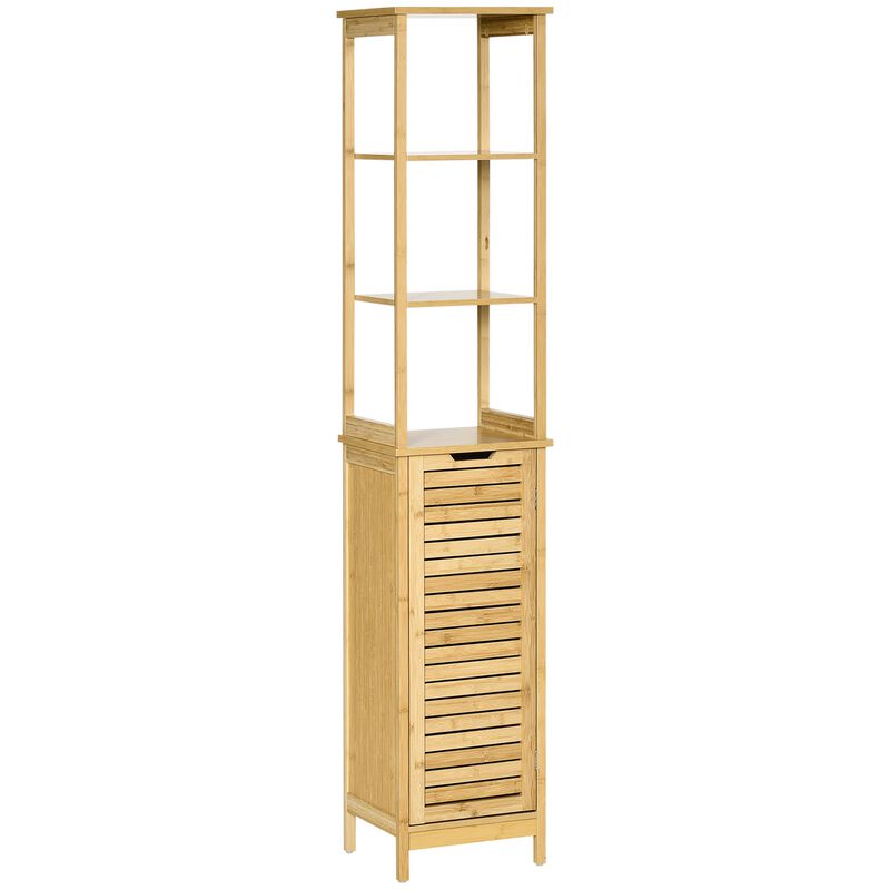 Natural Bathroom Tower: Slim Floor Cabinet with 3 Shelves