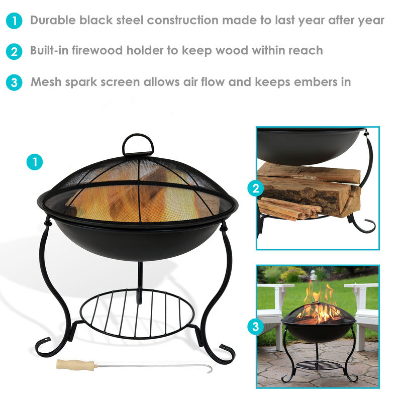 Sunnydaze 18 in Raised Steel Fire Pit with Stand, Screen, Grate, and Poker