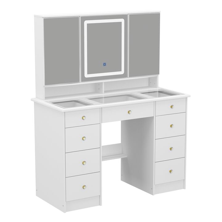 White Makeup Vanity Desk 9 Drawers Wood Dressing Table With 3 Mirrors, Glass Top, Hidden Storage Shelves, LED Lighted