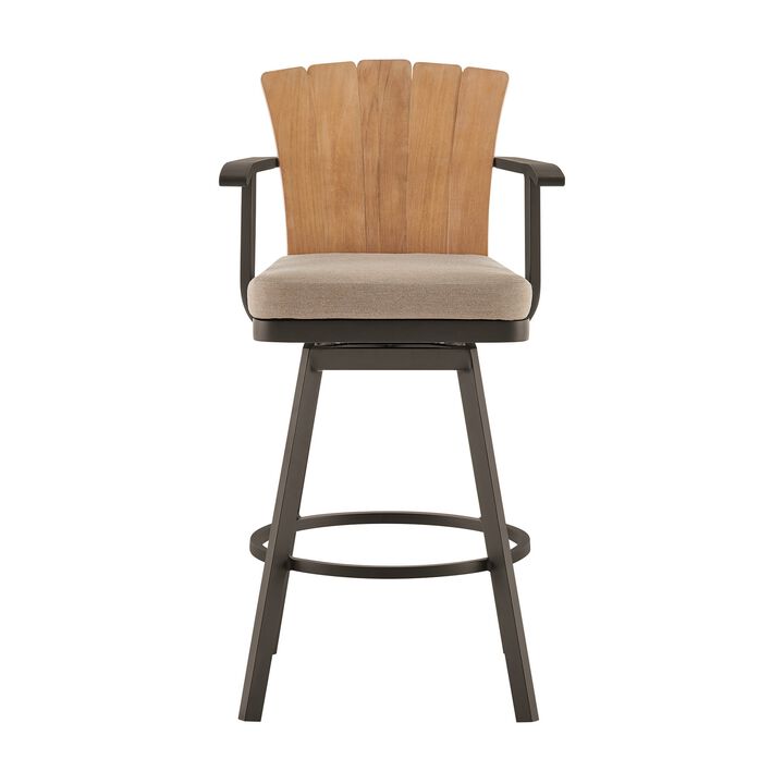 Luna 26 Inch Outdoor Swivel Counter Stool Chair, Rustic Teak Wood, Brown - Benzara
