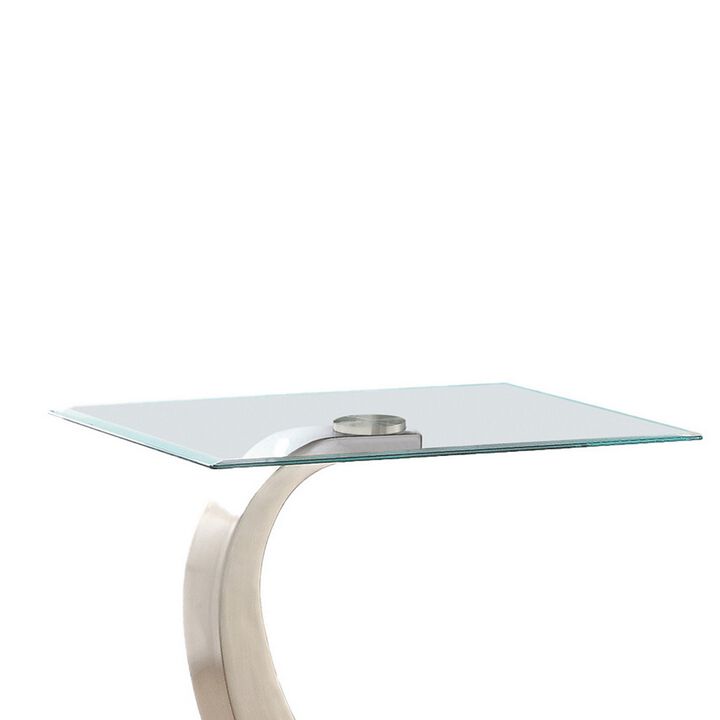 Floating Tempered Glass Top End Table with Metal Support, Clear and Silver-Benzara