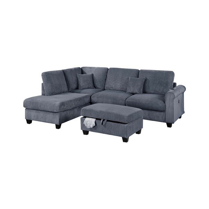 Roe 3pc Sectional Sofa Set with Chaise, Ottoman, 2 Pillows, Dark Gray - Benzara