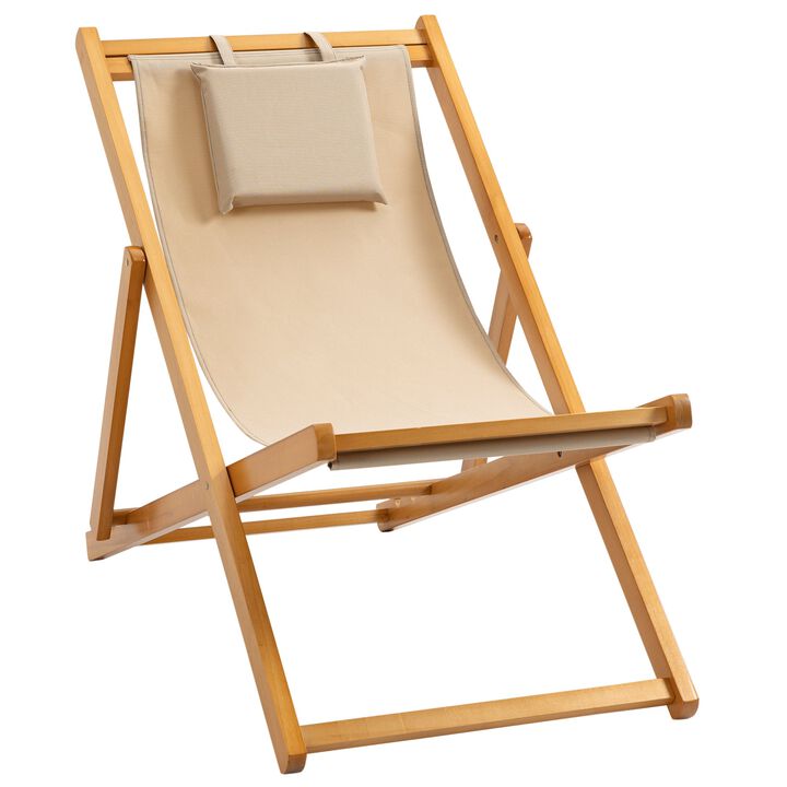 Beige Outdoor Recliner: Folding Patio Chaise Lounge for Beach