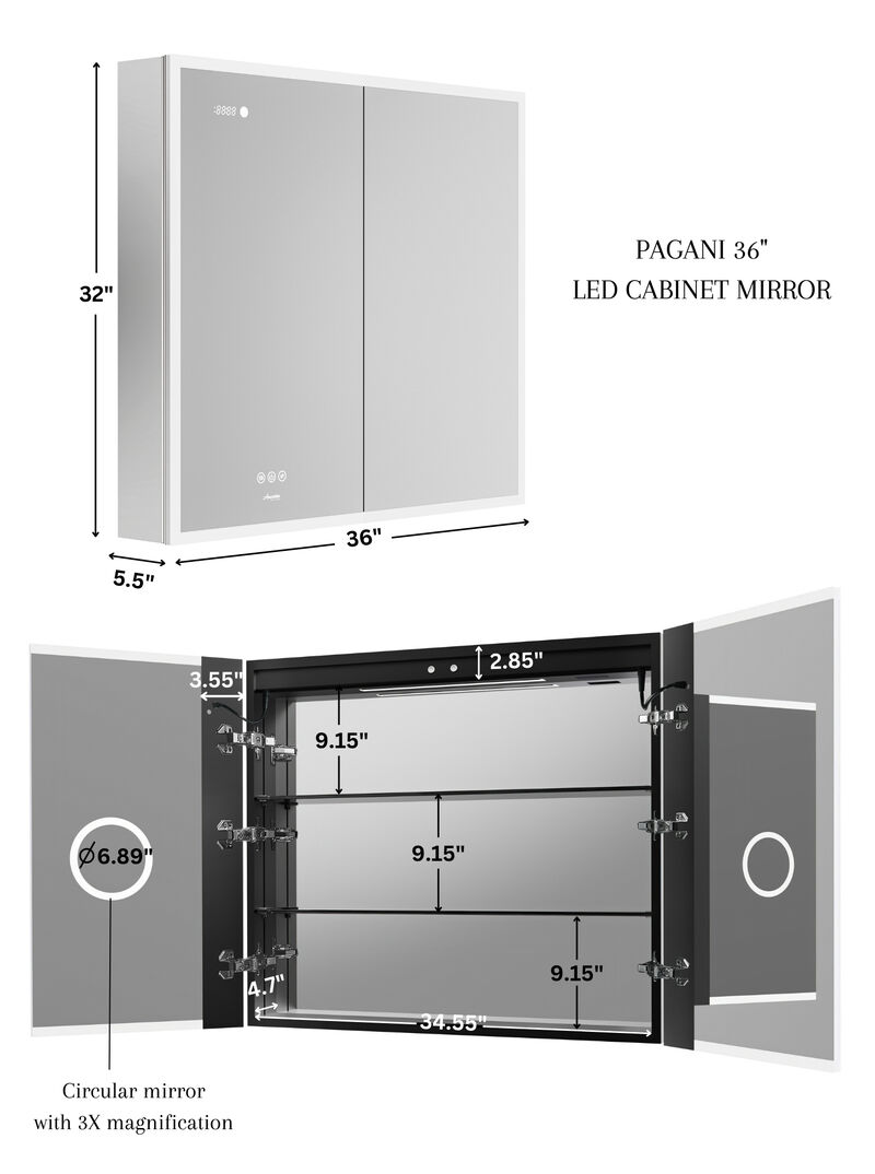 Pagani 36 in. x 32 in. LED Mirror Cabinet with Defogger, Dimmer, Magnifier & USB outlet