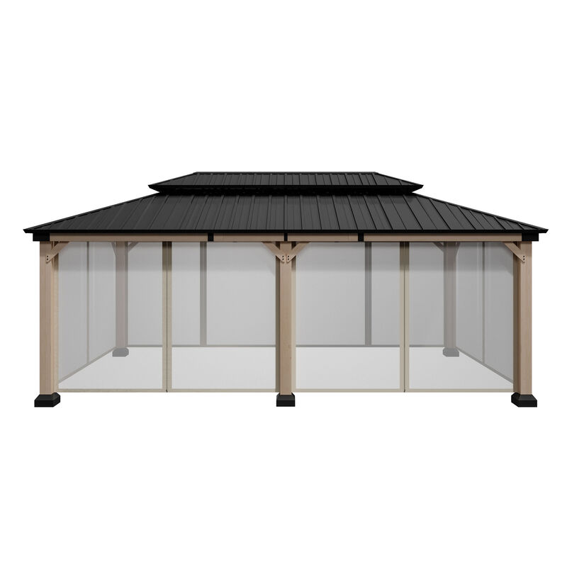 Mondawe 12 ft. x 20 ft. Outdoor Cedar Wood Frame Hardtop Gazebo Double Galvanized Steel Roof with Netting and Curtain