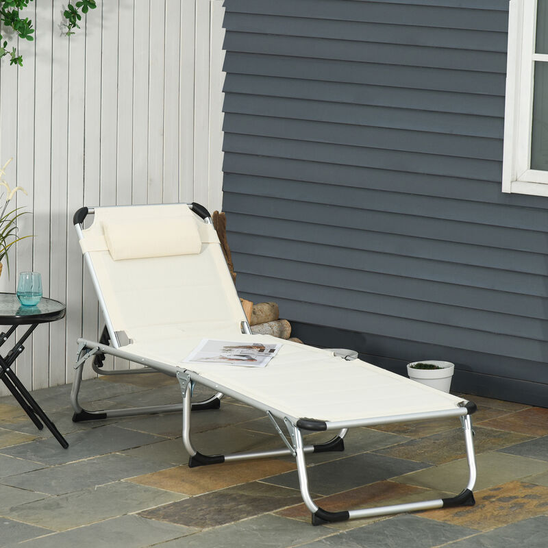 Folding Outdoor Relaxing Chaise Sun Bathing Chair w/ Comfortable Pillow, White