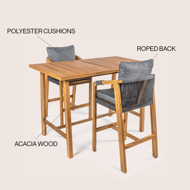 Porto Modern Coastal 3-Piece Acacia Wood Outdoor Bar Set with Cushions, Gray/Teak Brown