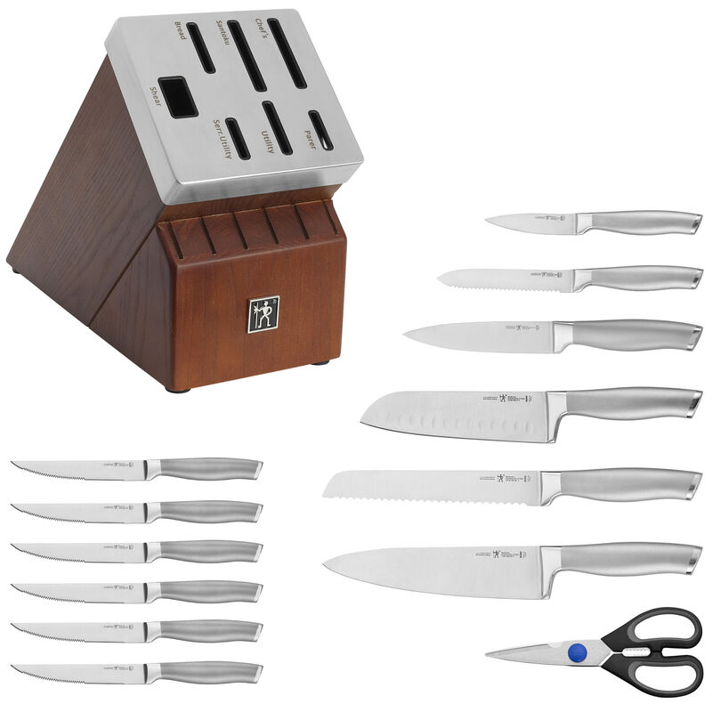 Henckels Modernist 14-pc Self-Sharpening Knife Set with Block, Chef Knife, Paring Knife, Bread Knife, Steak Knife, Dark Brown, Stainless Steel, Walnut