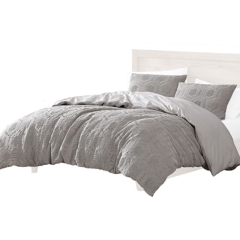 Tia 4 Piece King Size Duvet Comforter Set, Geometric Waffle Pattern, Gray - Benzara