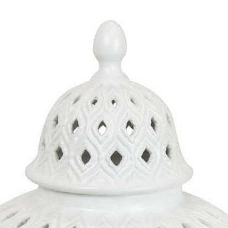 Deni 18 Inch Temple Jar, Pierced, Carved Lattice Design, Lid, White - Benzara