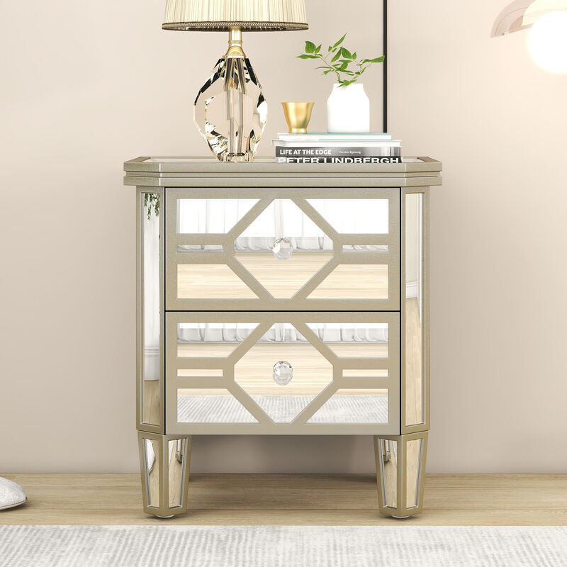 Elegant Mirrored 2-Drawer Side Table with Golden Lines for Living Room, Hallway, Entryway