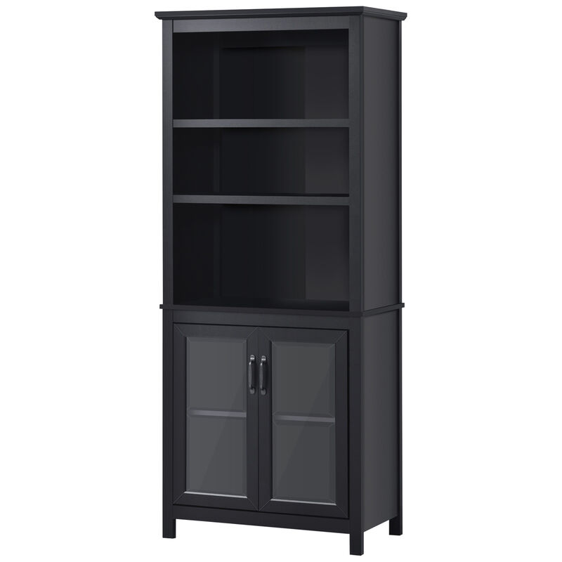 HOMCOM 71" Bookcase Storage Hutch Cabinet with Adjustable Shelves and Glass Doors for Home Office, Kitchen, Living Room, Black