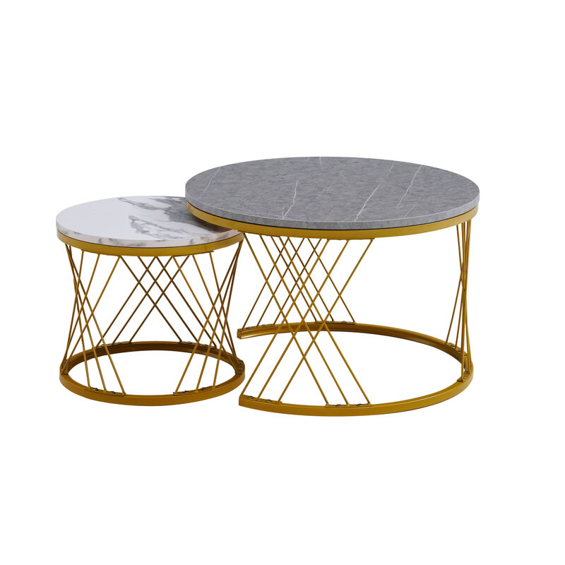 Modern Minimalist Nesting Coffee Table for Living Room - Wooden Top and Metal Legs