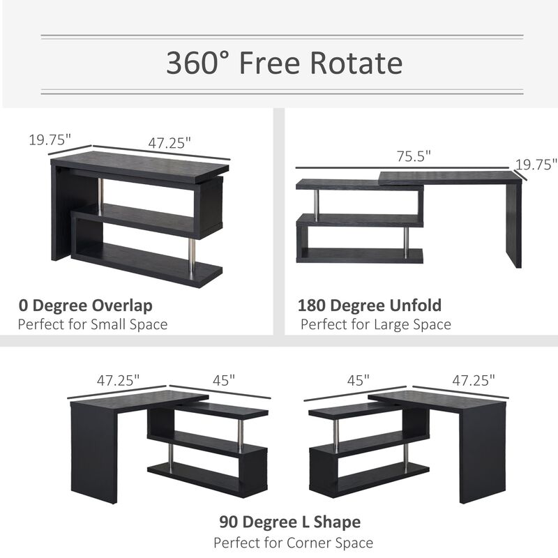 Black Home Office Hub: 360° Rotating L-Shaped Desk with Storage Shelves