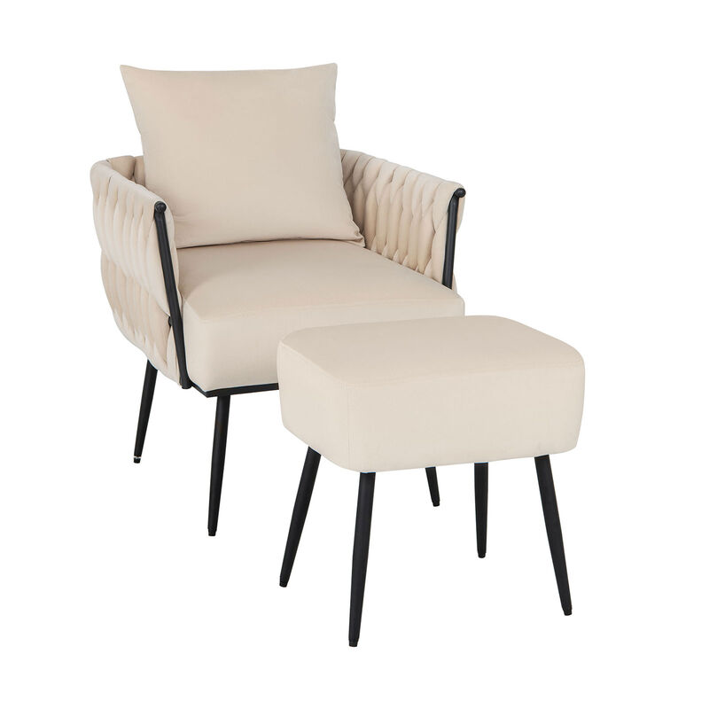 Modern Dutch Velvet Accent Chair and Ottoman Set with Weaved Back and Arms