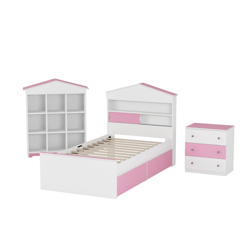 Merax 3-Pieces Bedroom Bed Nightstand and Stroage Rack Sets