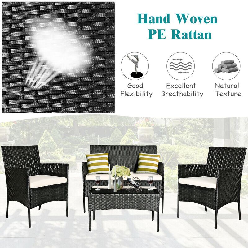 4 Pieces Patio Rattan Cushioned Sofa Set with Tempered Glass Coffee Table