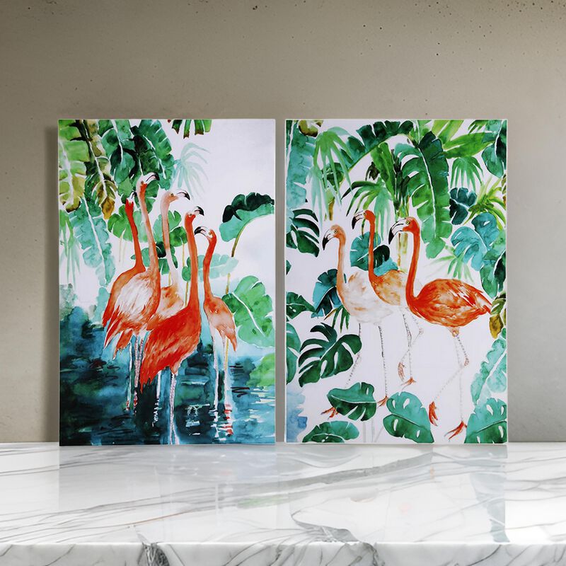 32 x 48 Set of 2 Framed Wall Art, Botanical Flamingo Print, Green, White - Benzara