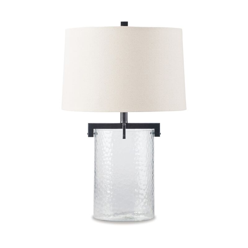 25 Inch Table Lamp, White Drum Shade, Clear Glass Base, Black Metal Frame - Benzara