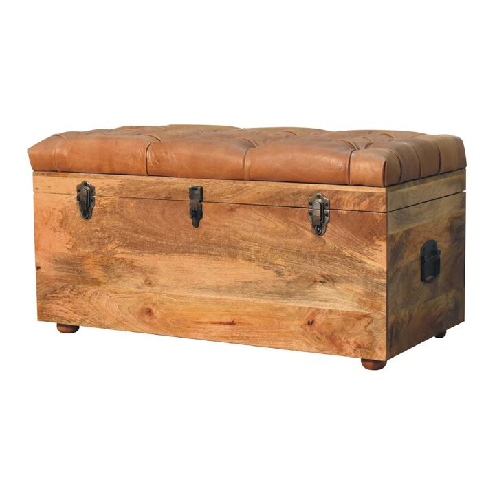 Artisan Furniture Buffalo Ten Leather  Hide Oak-ish Solid Wood  Storage Trunk