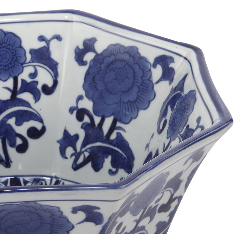 11 Inch Decorative Bowl with Floral Pattern on Blue and White Porcelain - Benzara