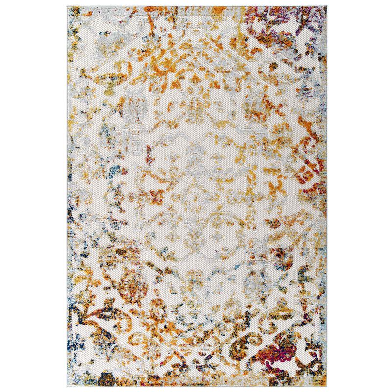 Reflect Primrose Distressed Vintage Ornate Floral Lattice 8x10 Indoor and Outdoor Area Rug - Ivory, Light Blue, Multicolored