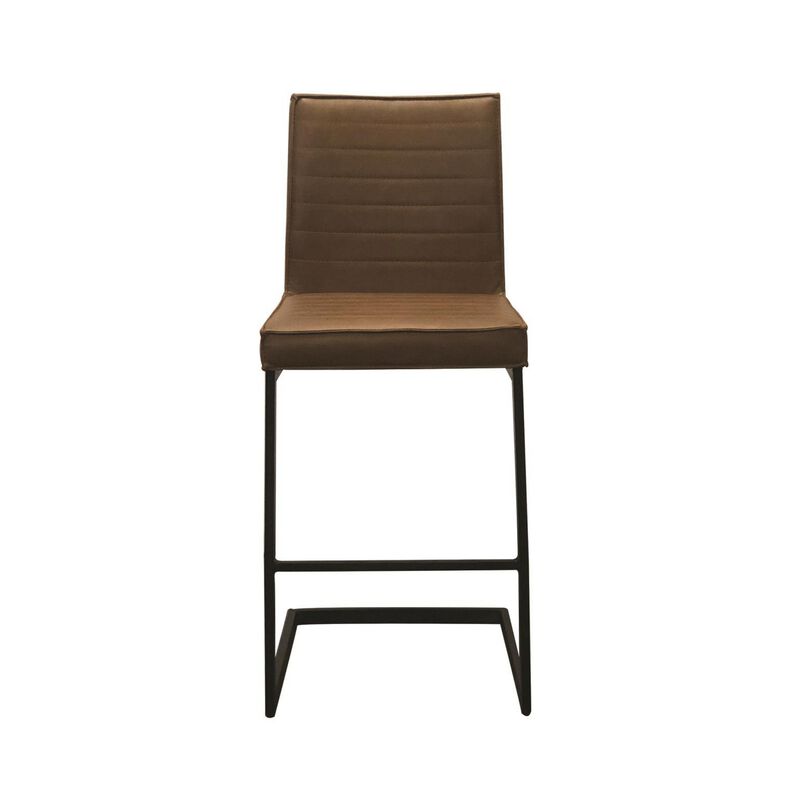 25 Inch Cantilever Counter Stool Chair, Channel Tufted Brown Vegan Leather - Benzara