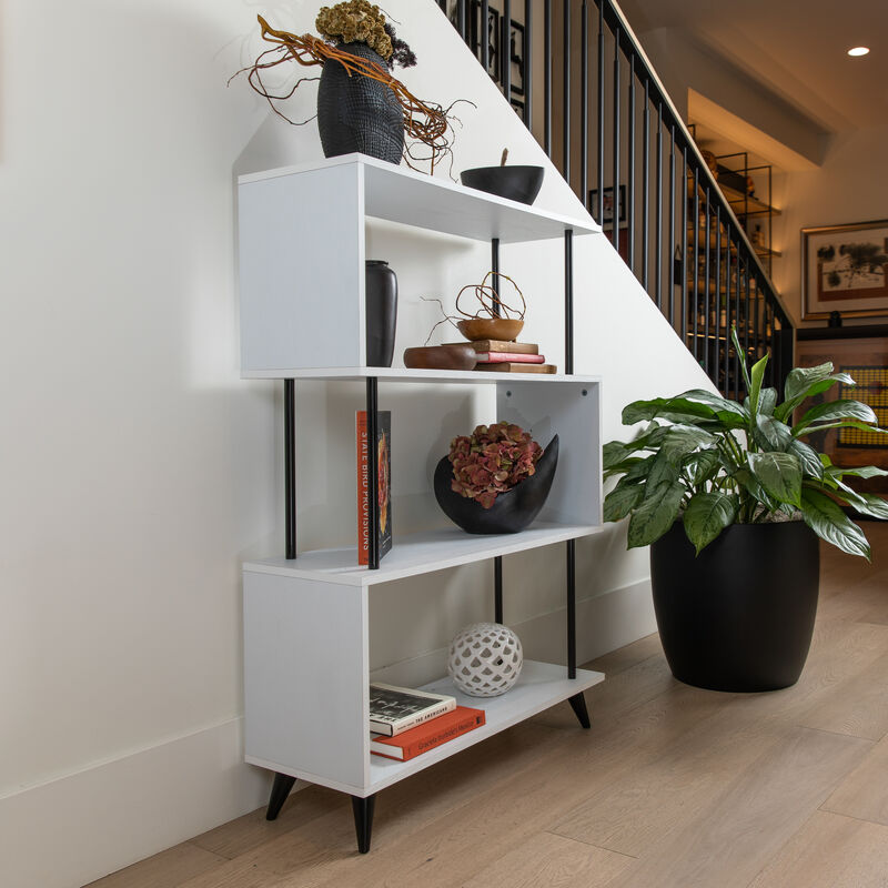Breuer Multi-Tier White S-Shaped Bookcase with Black Hardware Accents
