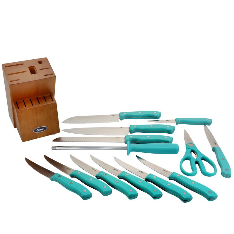 Oster Evansville 14 Piece Stainless Steel Blade Cutlery Set with Turquoise Plastic Handles