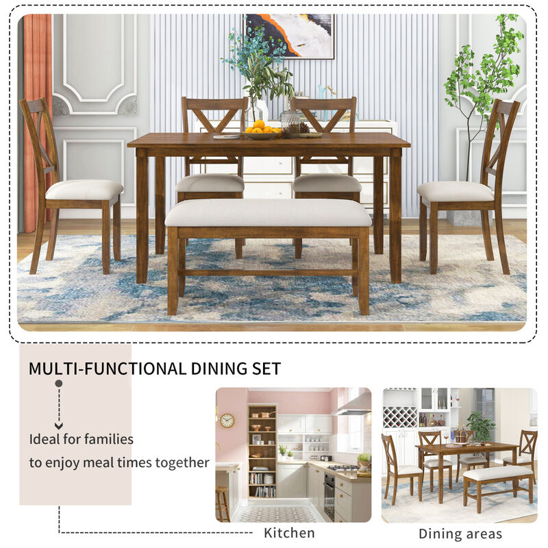 6-Piece Kitchen Dining Table Set Wooden Rectangular Dining Table, 4 Fabric Chairs and Bench