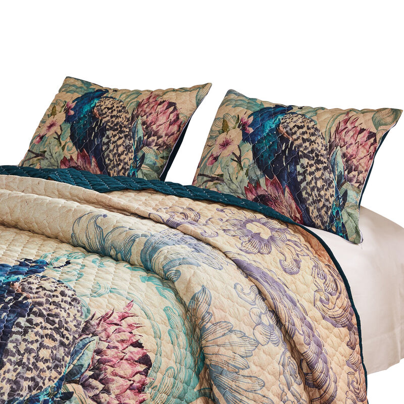 Ufa 36 Inch Quilted King Pillow Sham, Peacock Print, Vermicelli Stitching - Benzara