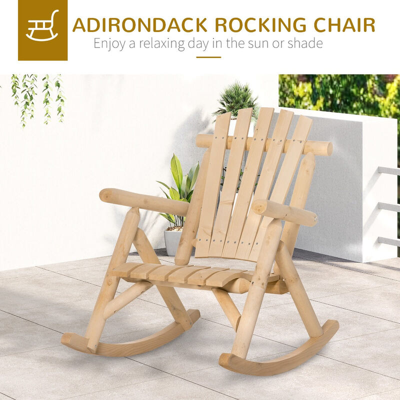 Wooden Rustic Rocking Chair, Indoor Outdoor Adirondack Log Rocker with Slatted Design for Patio, Lawn, Natural