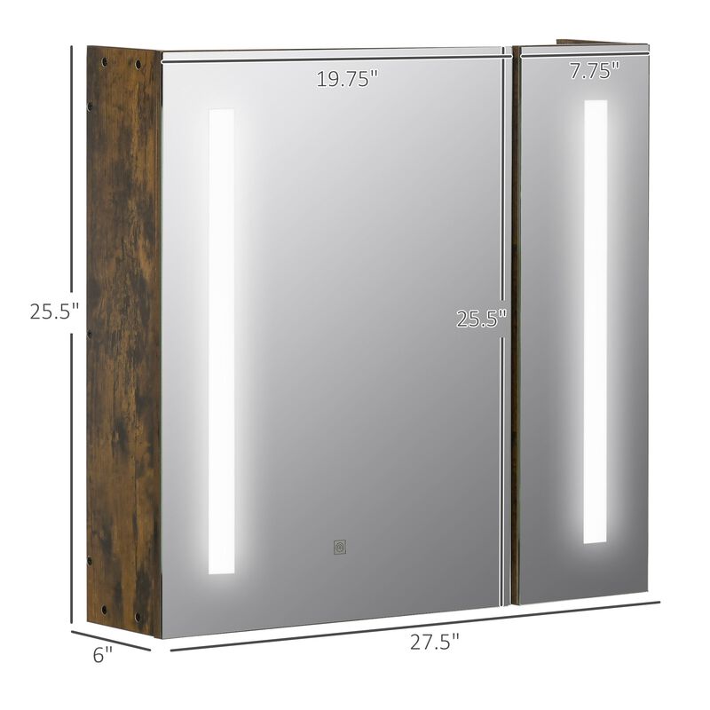 LED Lighted Medicine Cabinet with Mirror, Wall Mounted Dimmable Bathroom Cabinet with 3-Tier Storage Shelves, Smart Touch, Rustic Brown