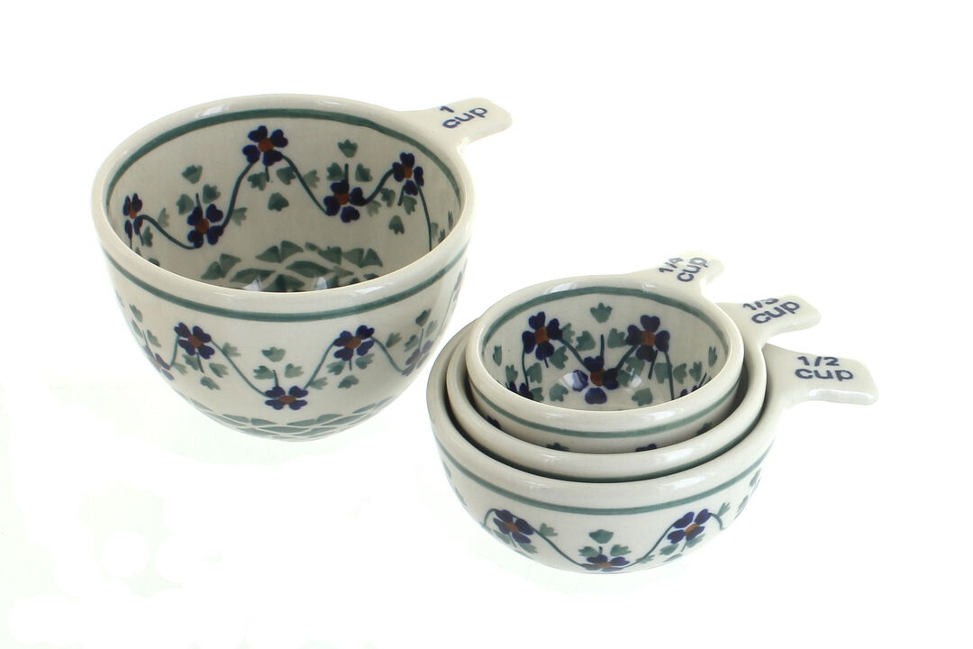 Blue Rose Polish Pottery Red Daisy Measuring Cup Set