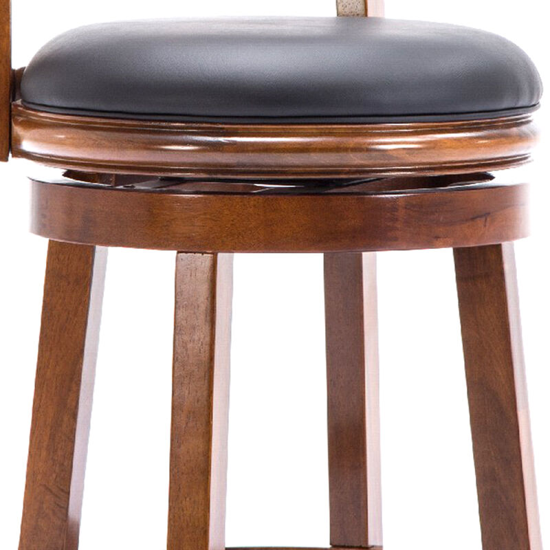 Pal 24 Inch Swivel Counter Stool, Solid Wood, Bonded Leather, Walnut Brown-Benzara