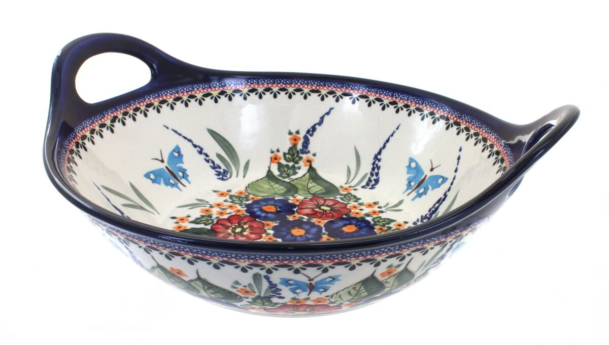 Blue Rose Polish Pottery Grapes Deep Bowl with Handles