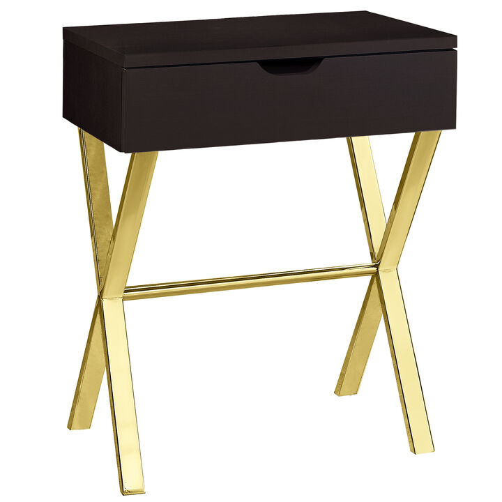Monarch Specialties I 3261 Accent Table, Side, End, Nightstand, Lamp, Storage Drawer, Living Room, Bedroom, Metal, Laminate, Brown, Gold, Contemporary, Modern