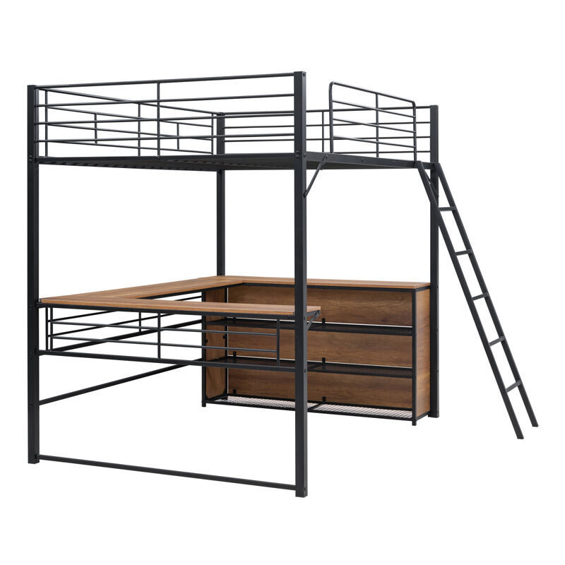 Full Size Metal Loft Bed With 3 Layers Of Shelves And L-Shaped Desk