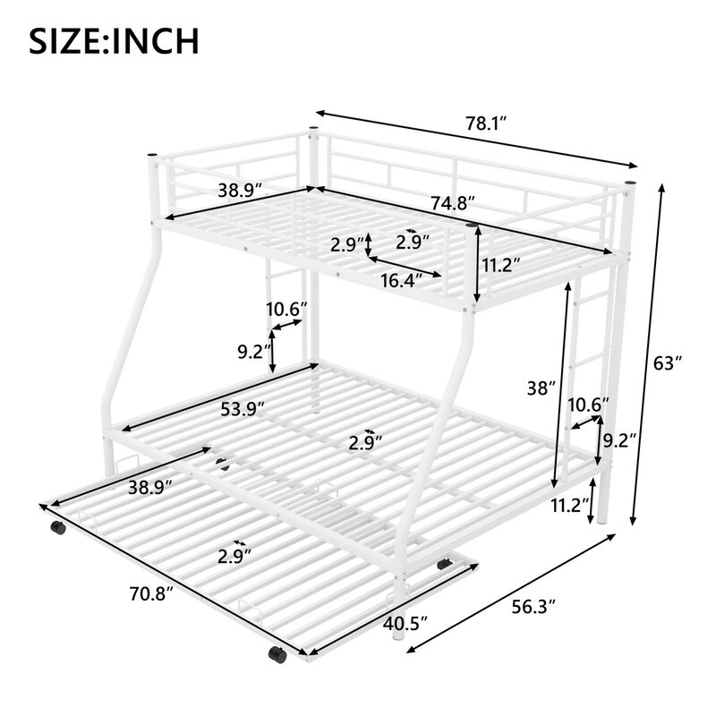 Twin over Full Bed with Sturdy Steel Frame, Bunk Bed with Twin Size Trundle, Two-Side Ladders, Black