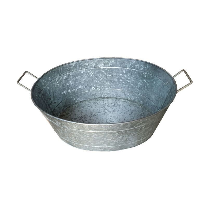 Embossed Design Oval Shape Galvanized Steel Tub with Side Handles, Small, Silver-Benzara