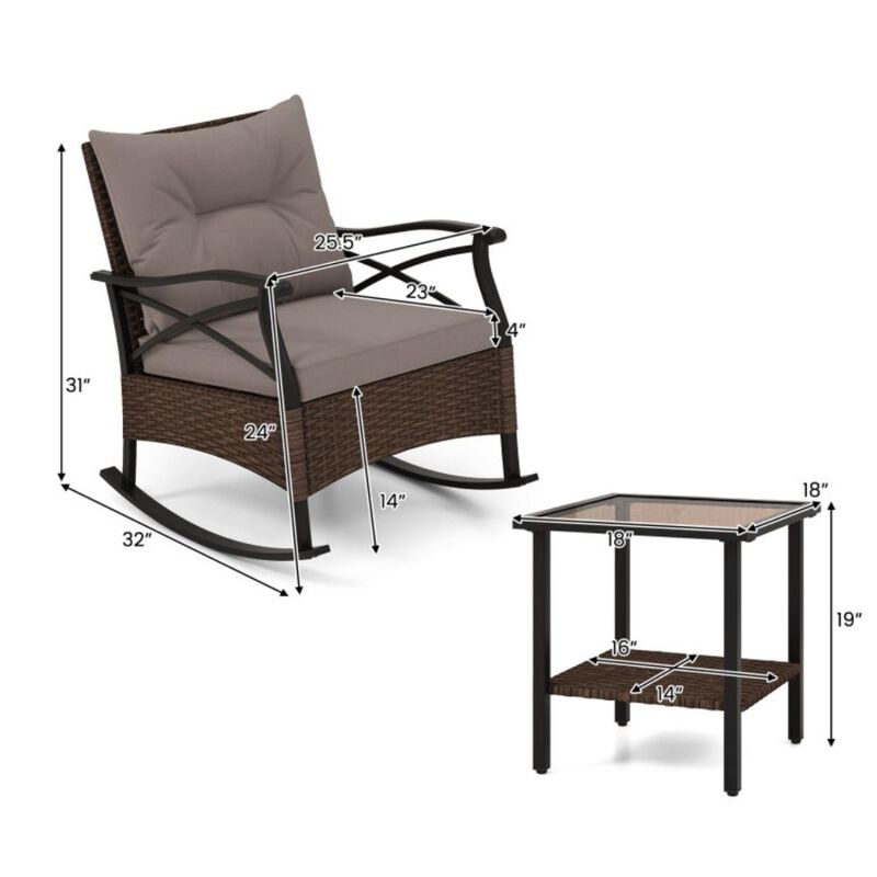 Hivvago 3 Pieces Outdoor Rattan Rocking Chairs Set with  2-Tier Side Table for Garden Backyard