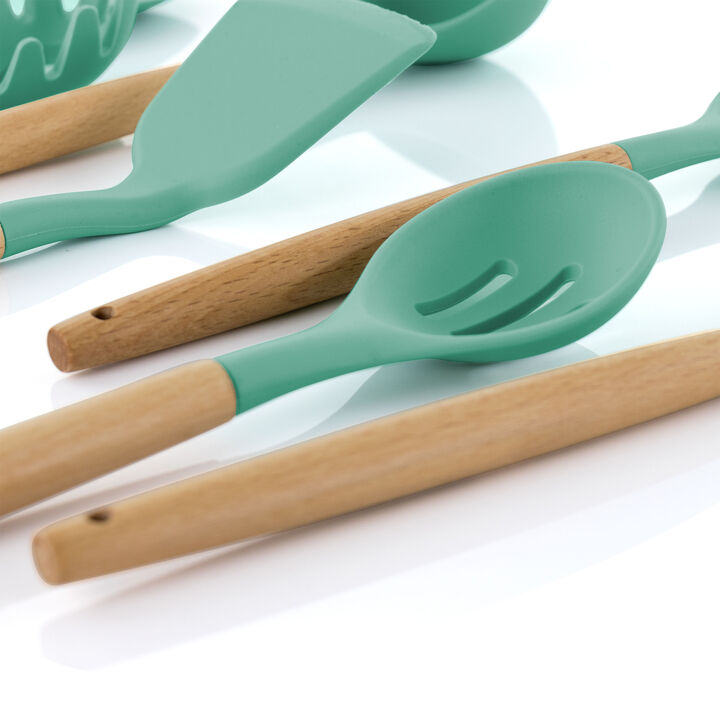 MegaChef Mint Green Silicone and Wood Cooking Utensils, Set of 9