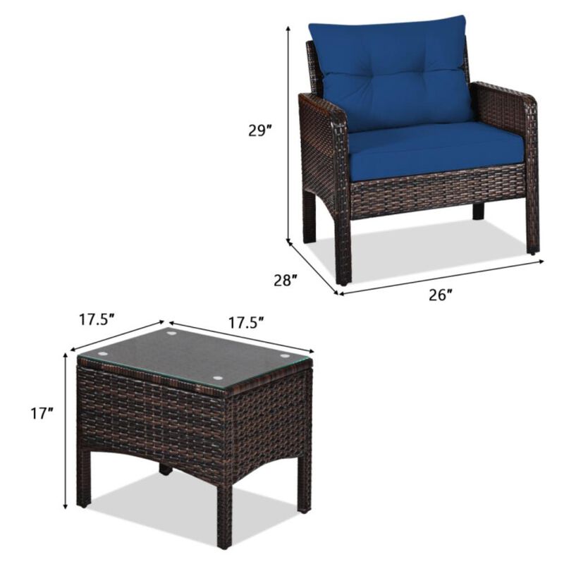 Hivvago 3 Pieces Outdoor Patio Rattan Conversation Set with Seat Cushions