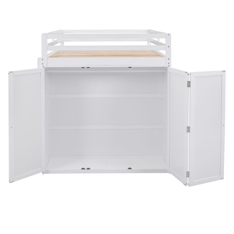 Full size Loft Bed with Drawers, Desk, and Wardrobe-White