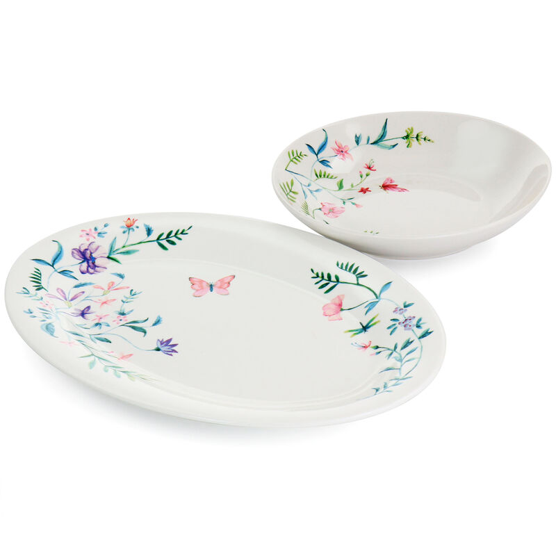Gibson Home Butterfly Floral 2 Piece Fine Ceramic Platter and Dinner Bowl Set in White and Floral