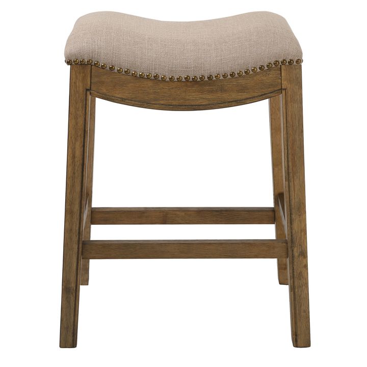 New Ridge Home Goods Sadie 25in. H Saddle Natural Wood Counter-Height Barstool with Cobble Gray Fabric