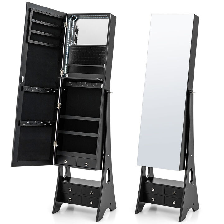 Freestanding Full Length LED Mirrored Jewelry Armoire with 6 Drawers