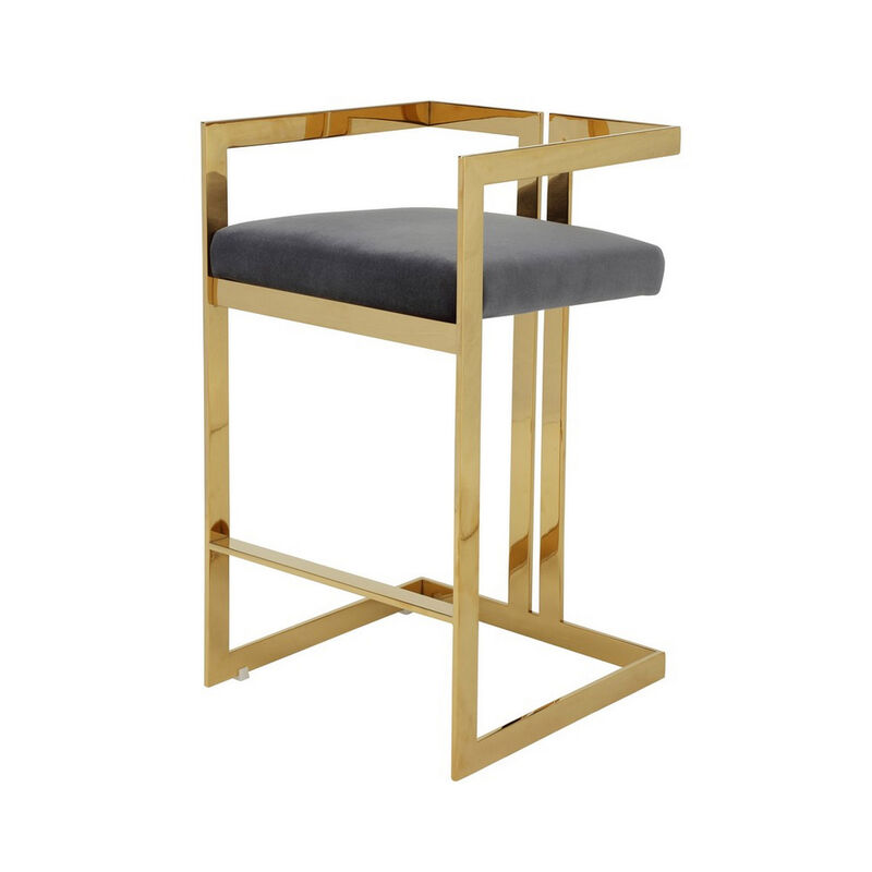 Zie 30 Inch Barstool Chair, Gray Velvet Padded Seat, Gold Steel Finish - Benzara