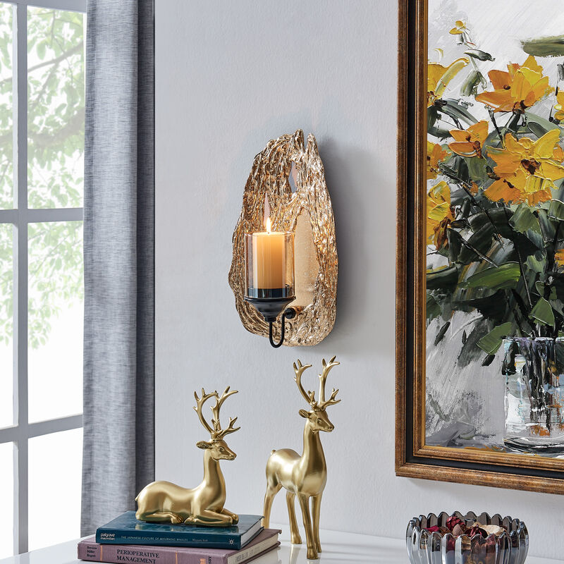 Vivien 14" Abstract Gold Wall Candle Sconce with Glass Hurricane