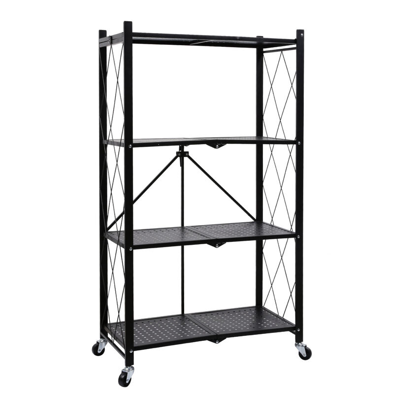4-Tier Heavy Duty Foldable Metal Rack Storage Shelving Unit with Wheels Moving Easily Organizer Shelves Great for Garage Kitchen Holds up to 1000 lbs Capacity, Black